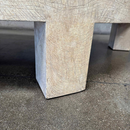 Vintage Post Modern Half Moon Beige Wood & Travertine Coffee Table