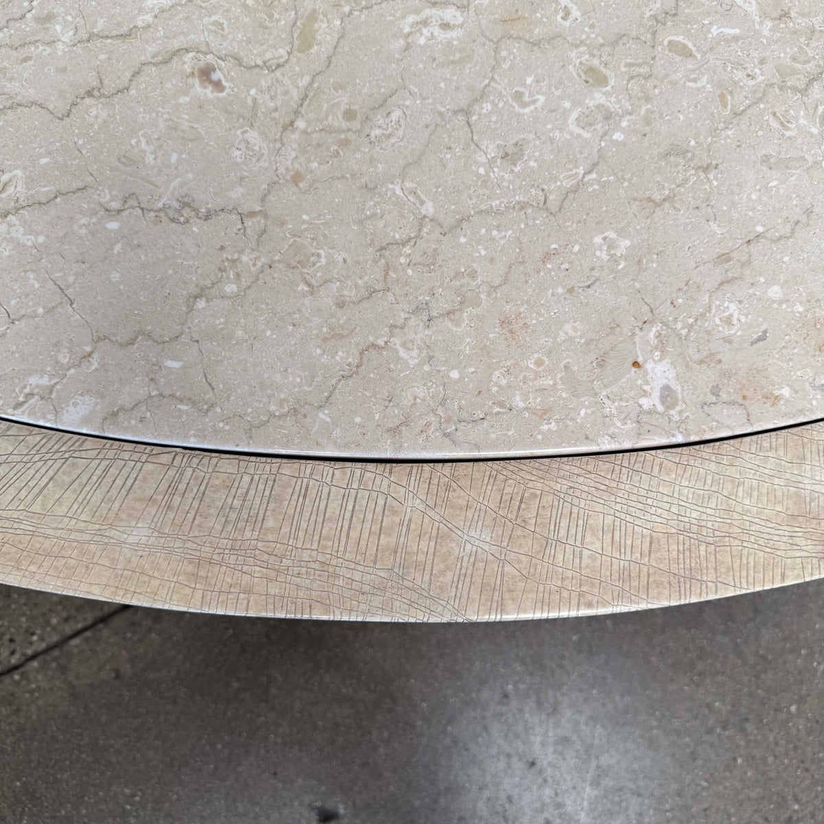 Vintage Post Modern Half Moon Beige Wood & Travertine Coffee Table