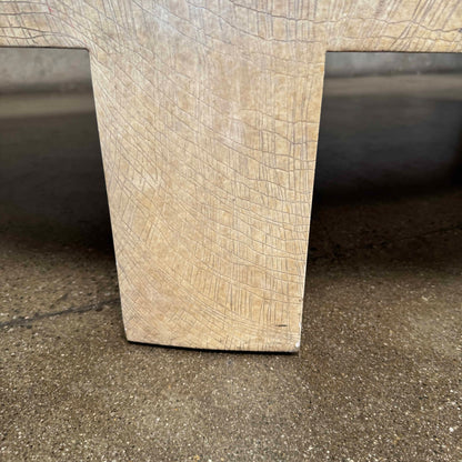 Vintage Post Modern Half Moon Beige Wood & Travertine Coffee Table