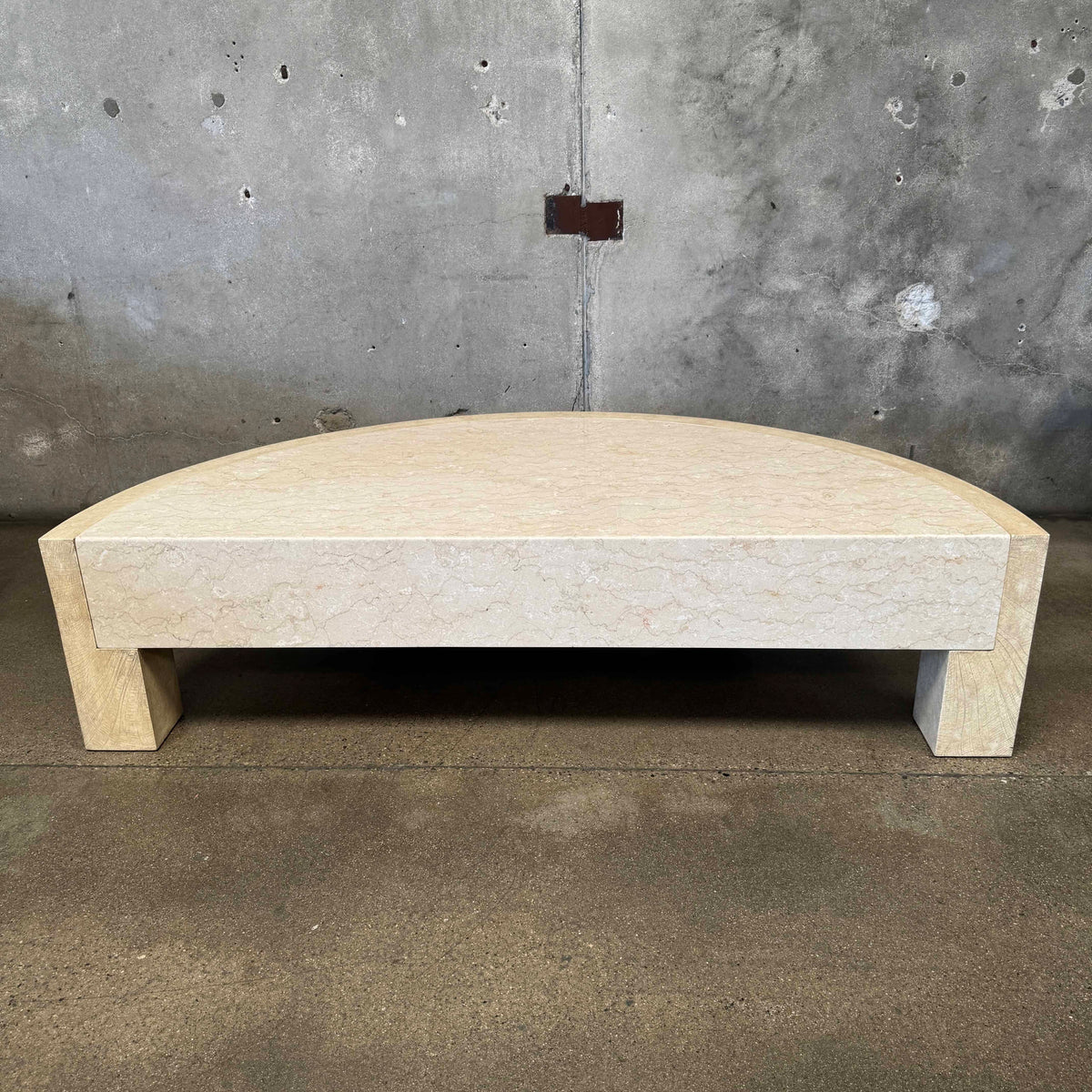 Vintage Post Modern Half Moon Beige Wood & Travertine Coffee Table