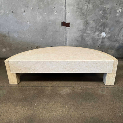Vintage Post Modern Half Moon Beige Wood & Travertine Coffee Table