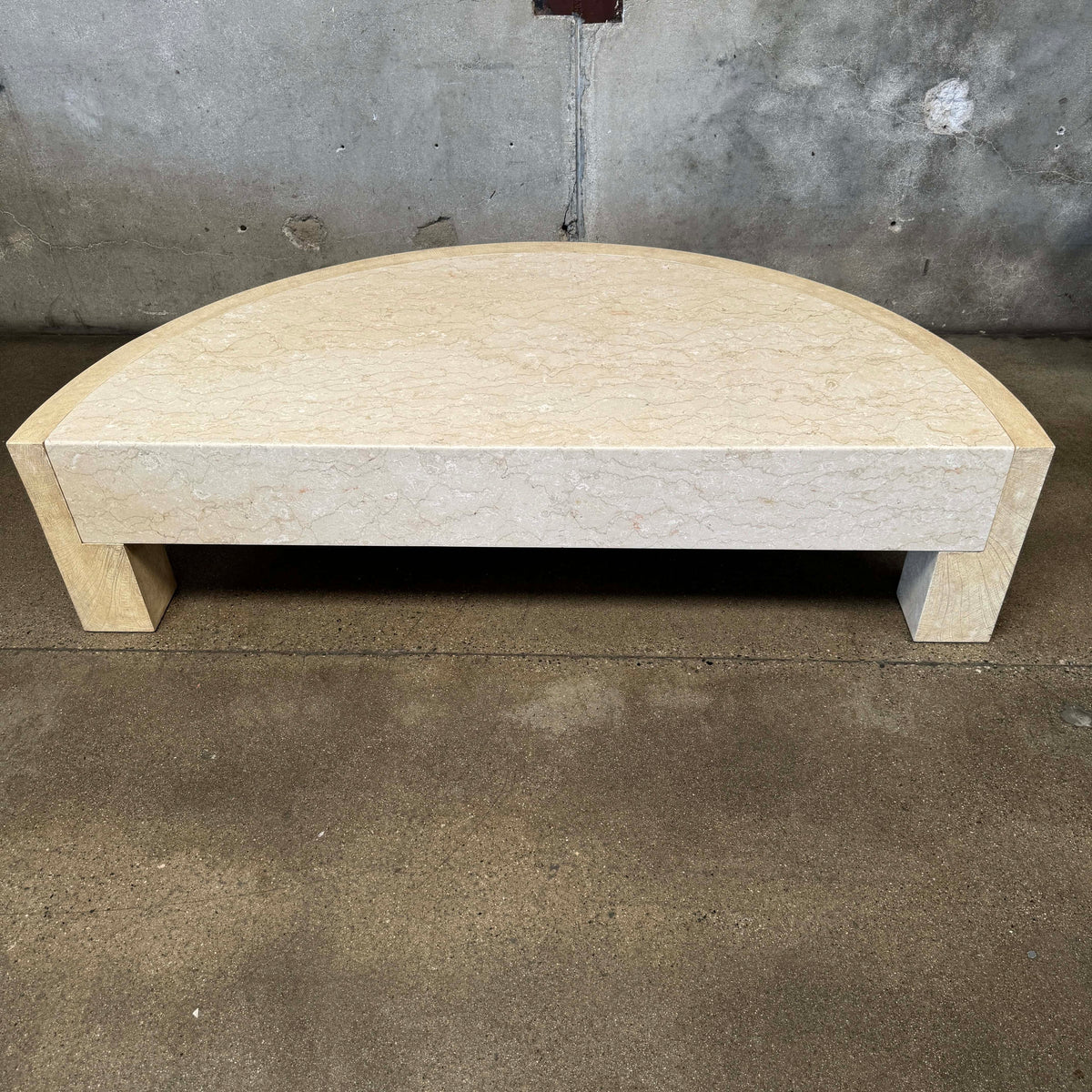 Vintage Post Modern Half Moon Beige Wood & Travertine Coffee Table