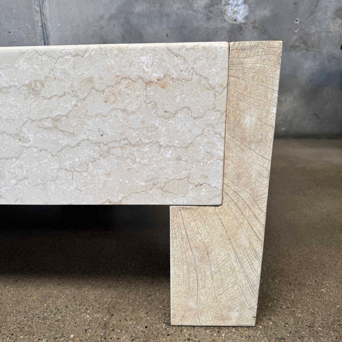 Vintage Post Modern Half Moon Beige Wood & Travertine Coffee Table