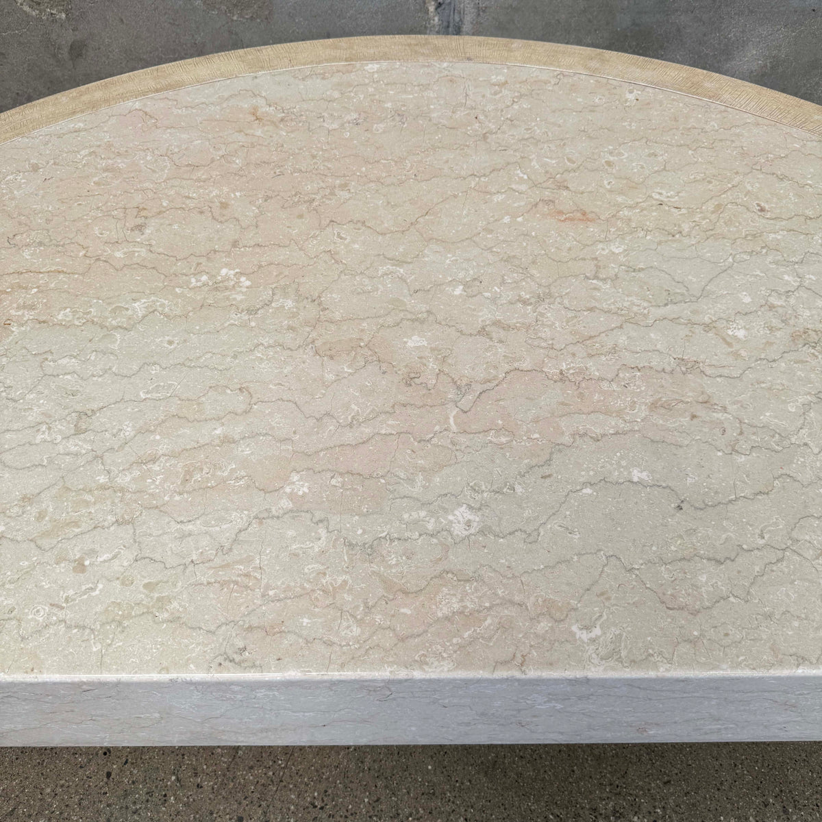 Vintage Post Modern Half Moon Beige Wood & Travertine Coffee Table