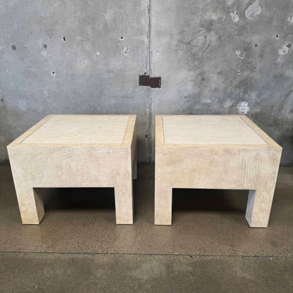 Pair of Vintage Beige Wood & Travertine Side Tables