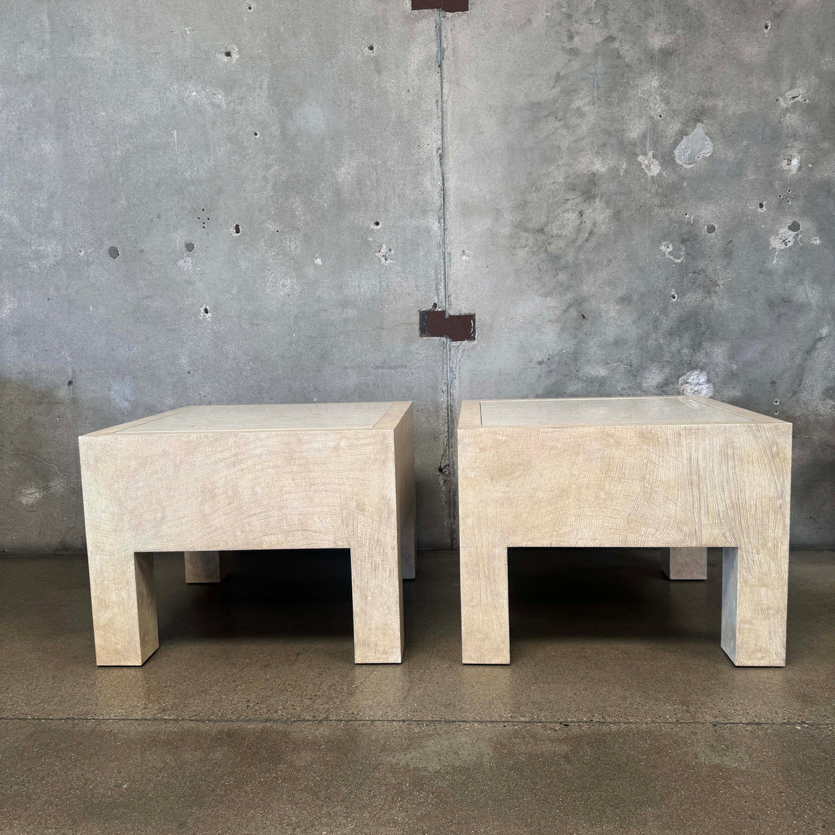 Pair of Vintage Beige Wood & Travertine Side Tables