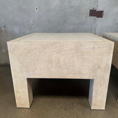 Pair of Vintage Beige Wood & Travertine Side Tables