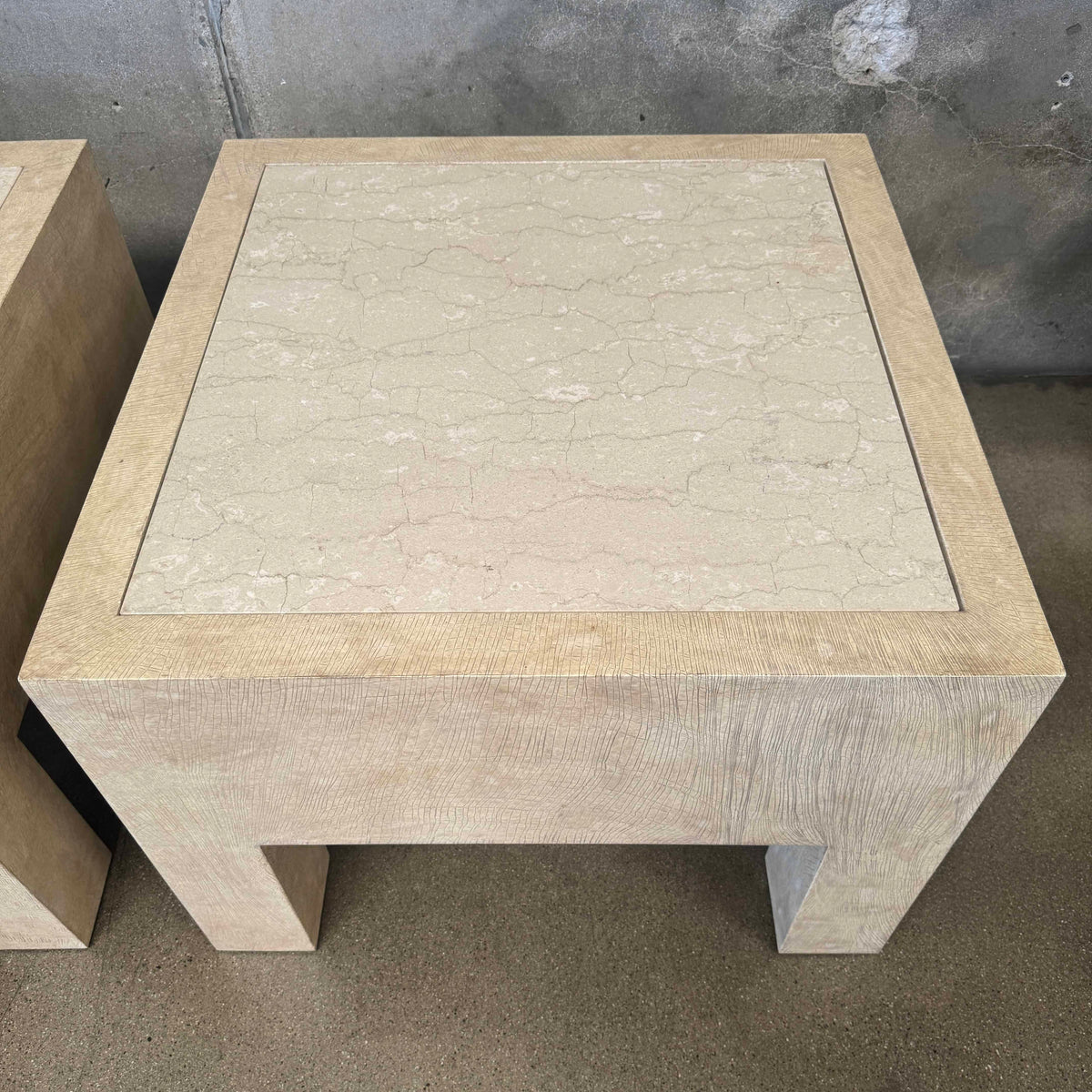 Pair of Vintage Beige Wood & Travertine Side Tables