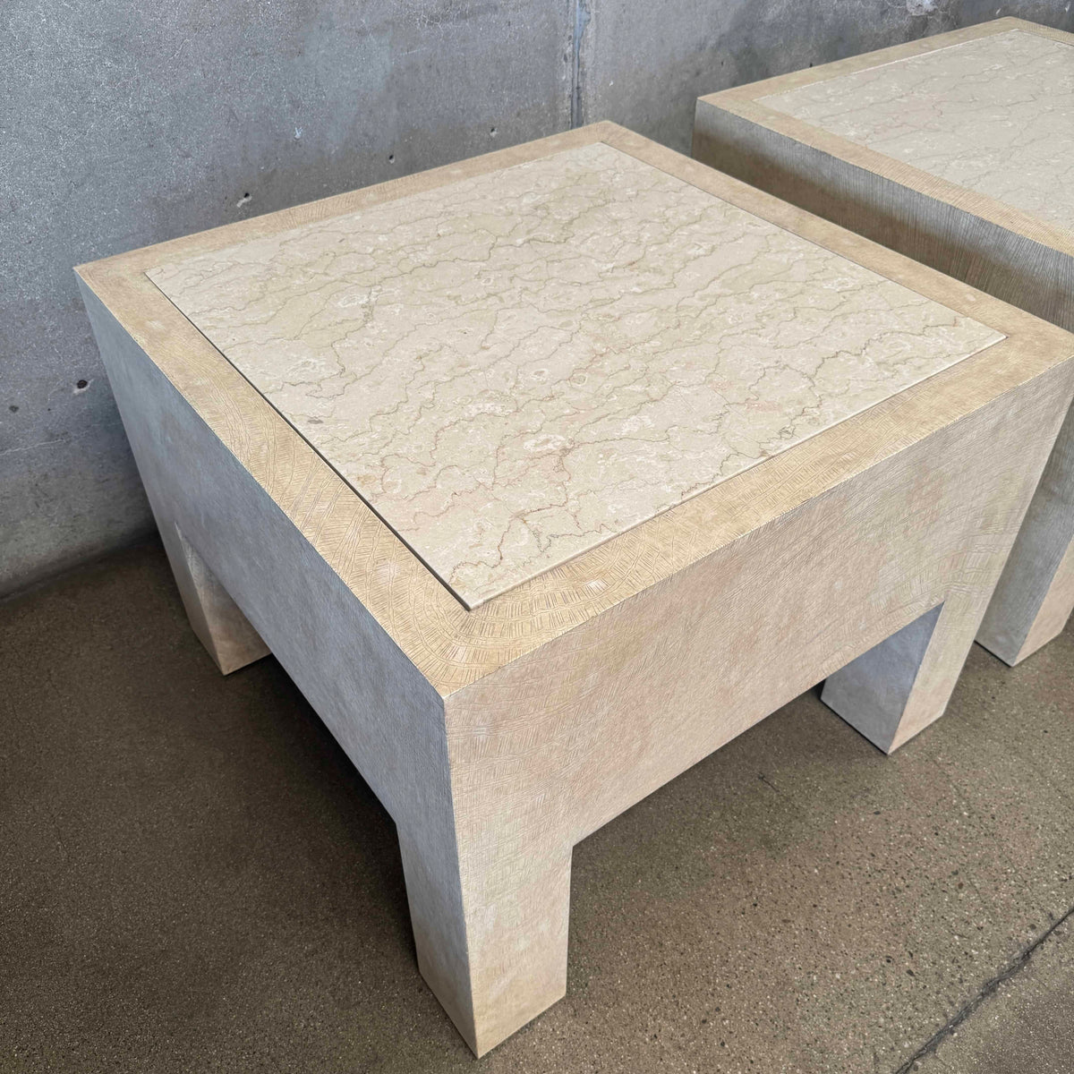 Pair of Vintage Beige Wood & Travertine Side Tables