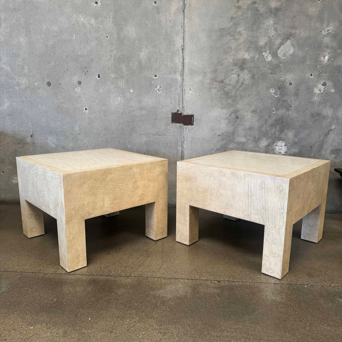Pair of Vintage Beige Wood & Travertine Side Tables
