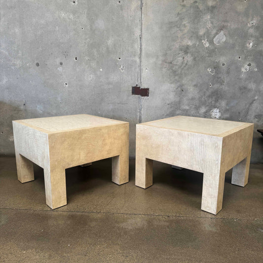 Pair of Vintage Beige Wood & Travertine Side Tables