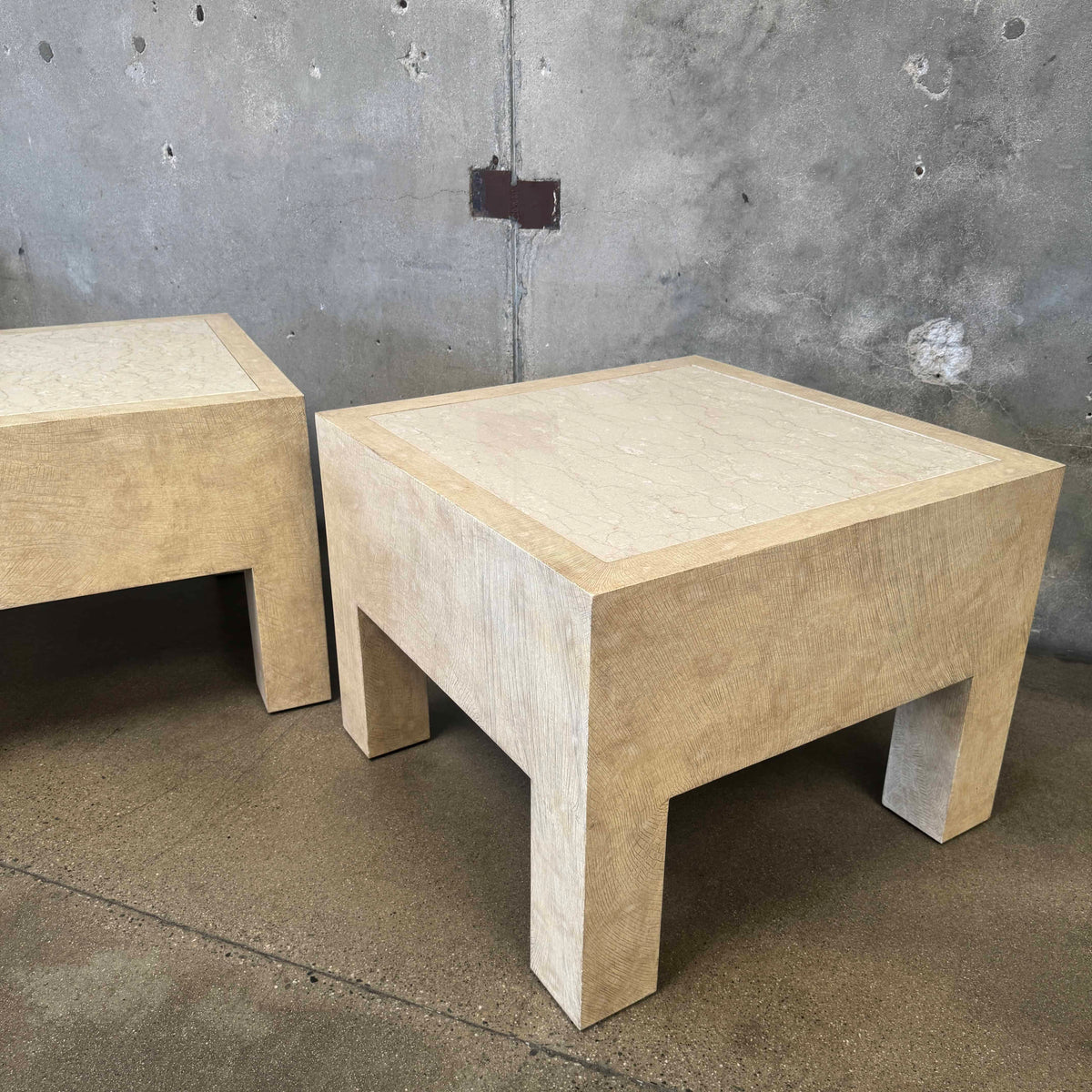 Pair of Vintage Beige Wood & Travertine Side Tables