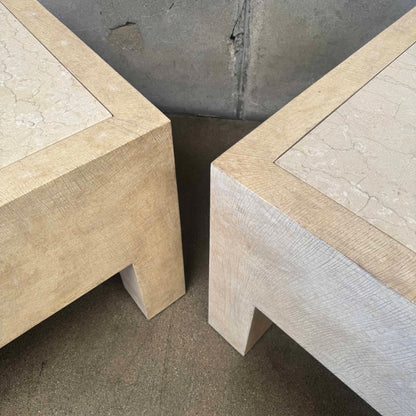 Pair of Vintage Beige Wood & Travertine Side Tables