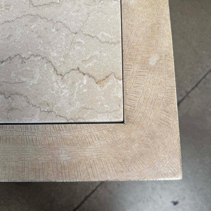 Pair of Vintage Beige Wood & Travertine Side Tables