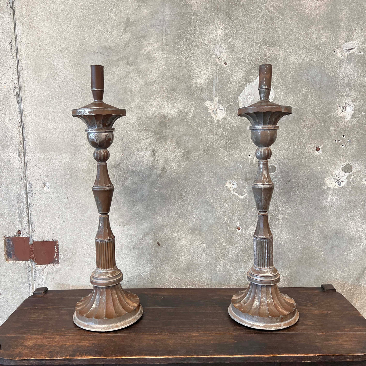 Pair of Old Mexico Silvered Tin Candle Sticks