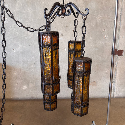 Mid Century Spanish Revival/Gothic Four-Arm Iron & Amber Glass Plug-In Chandelier