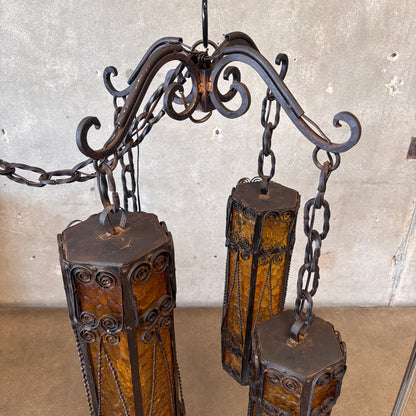 Mid Century Spanish Revival/Gothic Four-Arm Iron & Amber Glass Plug-In Chandelier