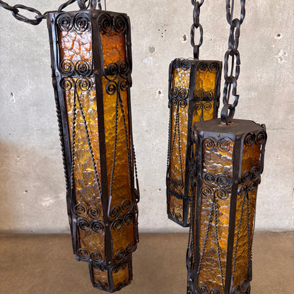Mid Century Spanish Revival/Gothic Four-Arm Iron & Amber Glass Plug-In Chandelier