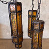 Mid Century Spanish Revival/Gothic Four-Arm Iron & Amber Glass Plug-In Chandelier