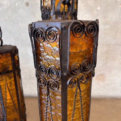 Mid Century Spanish Revival/Gothic Four-Arm Iron & Amber Glass Plug-In Chandelier