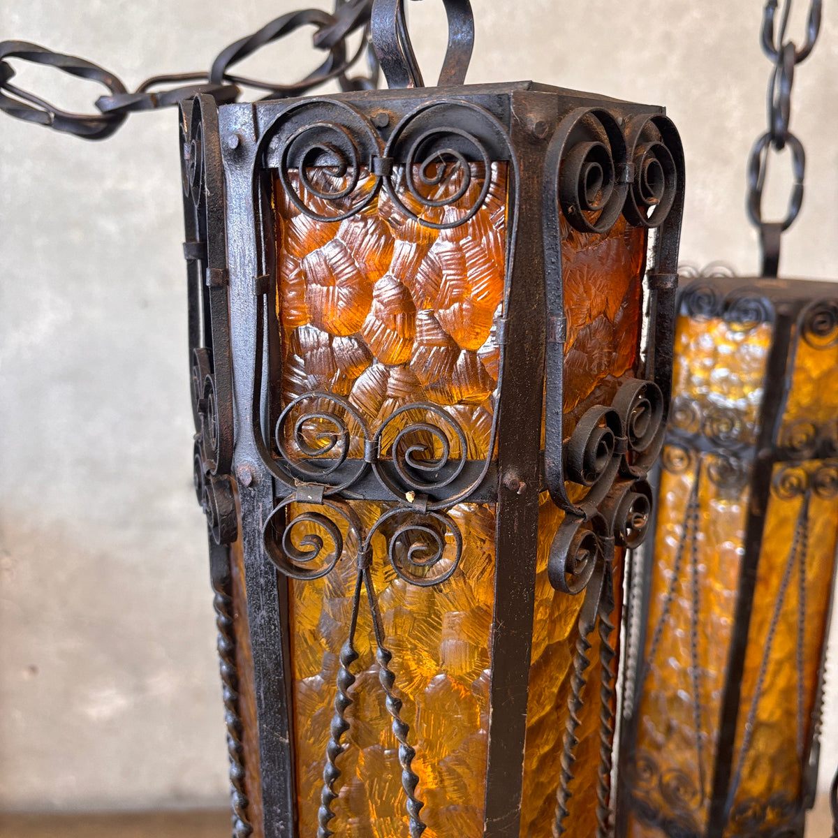 Mid Century Spanish Revival/Gothic Four-Arm Iron & Amber Glass Plug-In Chandelier