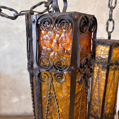 Mid Century Spanish Revival/Gothic Four-Arm Iron & Amber Glass Plug-In Chandelier