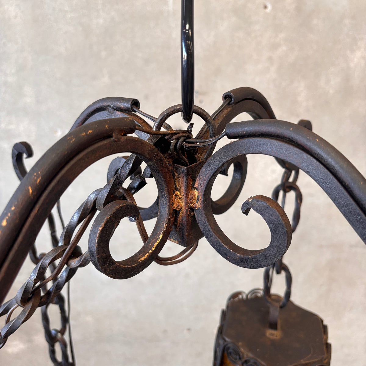 Mid Century Spanish Revival/Gothic Four-Arm Iron & Amber Glass Plug-In Chandelier
