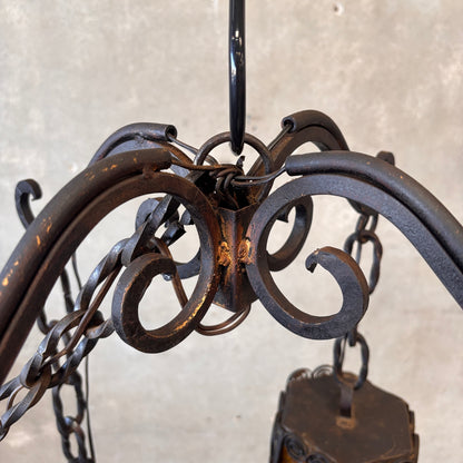 Mid Century Spanish Revival/Gothic Four-Arm Iron & Amber Glass Plug-In Chandelier