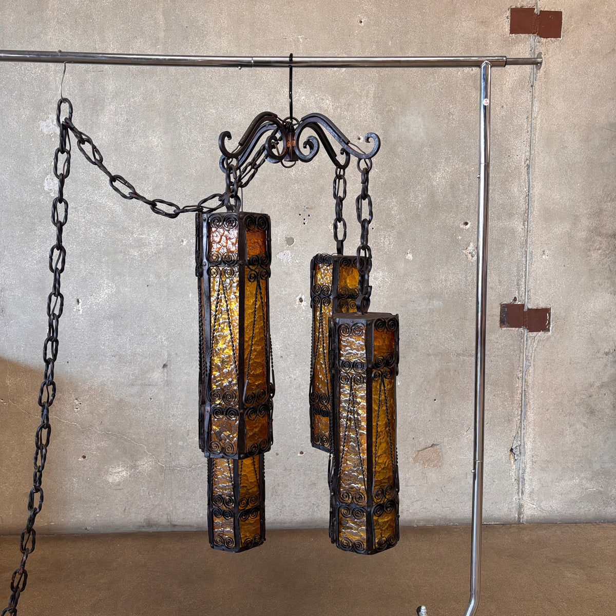 Mid Century Spanish Revival/Gothic Four-Arm Iron & Amber Glass Plug-In Chandelier