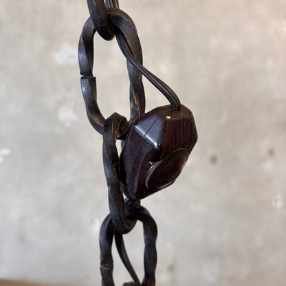 Mid Century Spanish Revival/Gothic Four-Arm Iron & Amber Glass Plug-In Chandelier