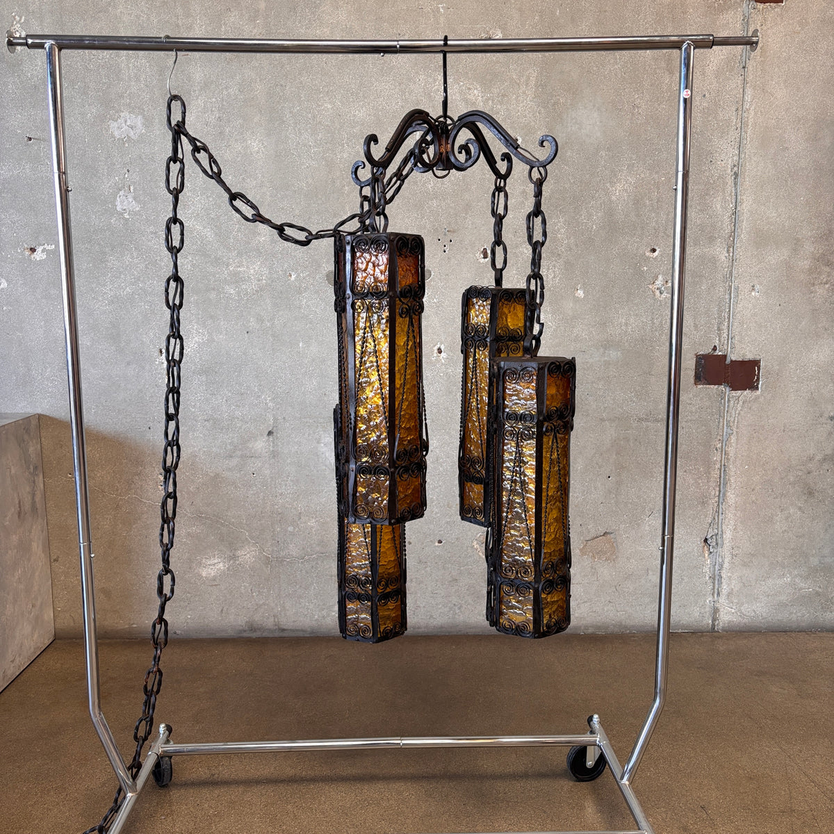 Mid Century Spanish Revival/Gothic Four-Arm Iron & Amber Glass Plug-In Chandelier