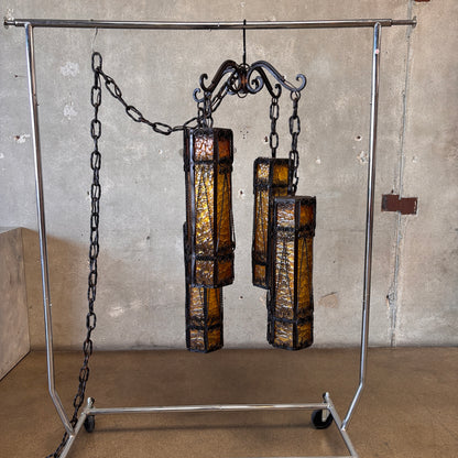 Mid Century Spanish Revival/Gothic Four-Arm Iron & Amber Glass Plug-In Chandelier