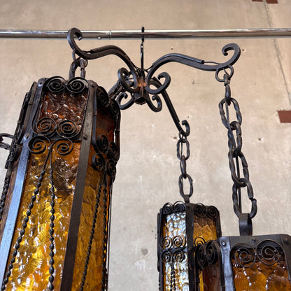 Mid Century Spanish Revival/Gothic Four-Arm Iron & Amber Glass Plug-In Chandelier