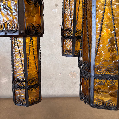 Mid Century Spanish Revival/Gothic Four-Arm Iron & Amber Glass Plug-In Chandelier