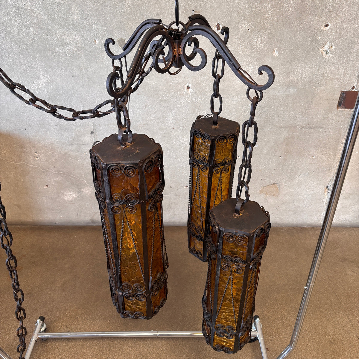 Mid Century Spanish Revival/Gothic Four-Arm Iron & Amber Glass Plug-In Chandelier