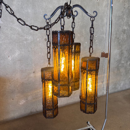 Mid Century Spanish Revival/Gothic Four-Arm Iron & Amber Glass Plug-In Chandelier