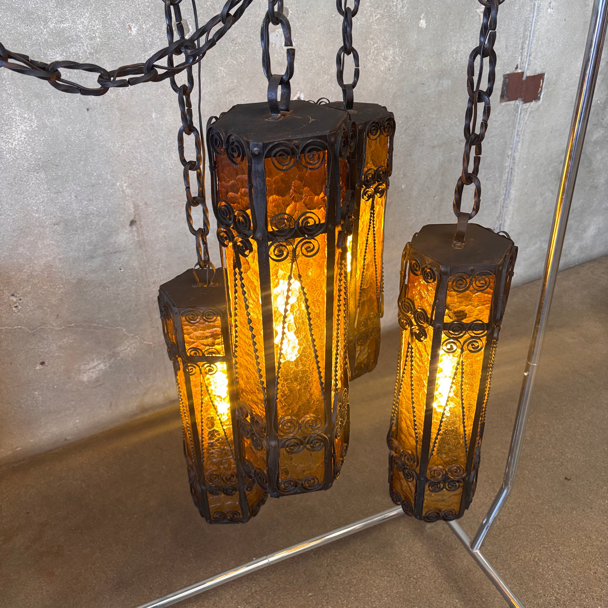 Mid Century Spanish Revival/Gothic Four-Arm Iron & Amber Glass Plug-In Chandelier