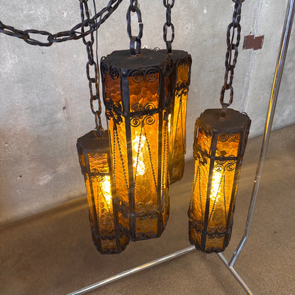 Mid Century Spanish Revival/Gothic Four-Arm Iron & Amber Glass Plug-In Chandelier