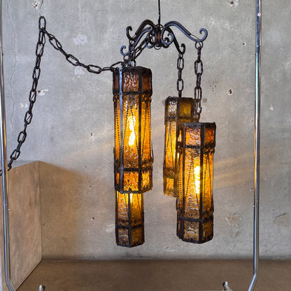 Mid Century Spanish Revival/Gothic Four-Arm Iron & Amber Glass Plug-In Chandelier