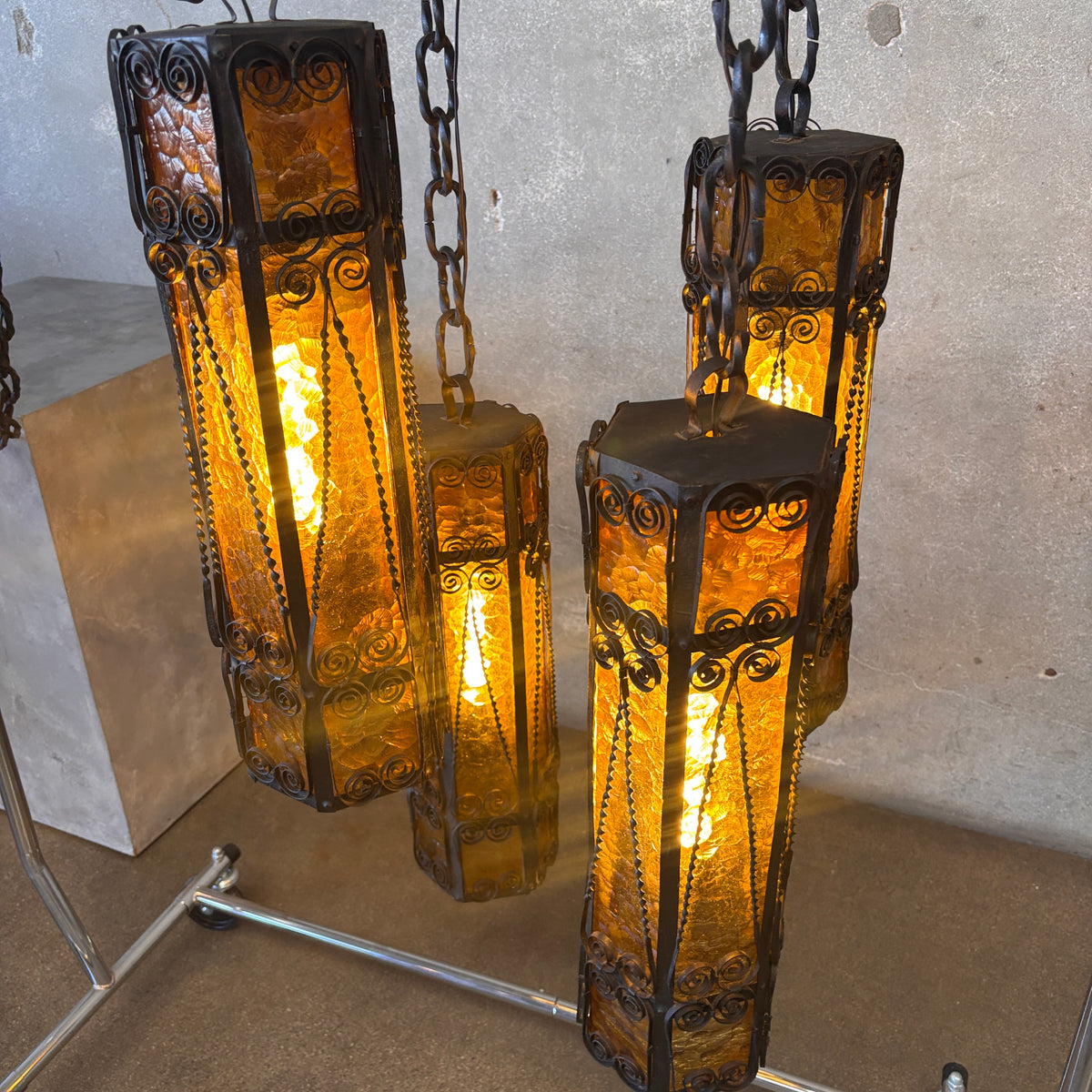 Mid Century Spanish Revival/Gothic Four-Arm Iron & Amber Glass Plug-In Chandelier
