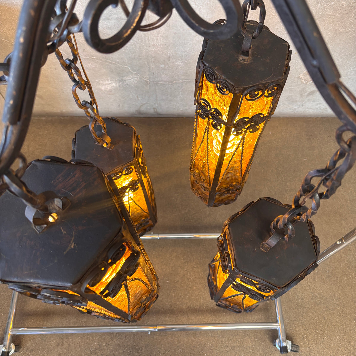 Mid Century Spanish Revival/Gothic Four-Arm Iron & Amber Glass Plug-In Chandelier