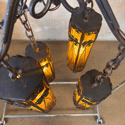 Mid Century Spanish Revival/Gothic Four-Arm Iron & Amber Glass Plug-In Chandelier