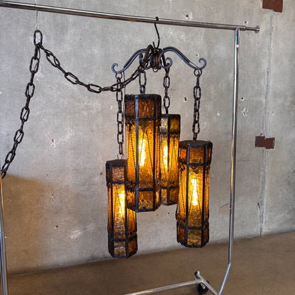 Mid Century Spanish Revival/Gothic Four-Arm Iron & Amber Glass Plug-In Chandelier