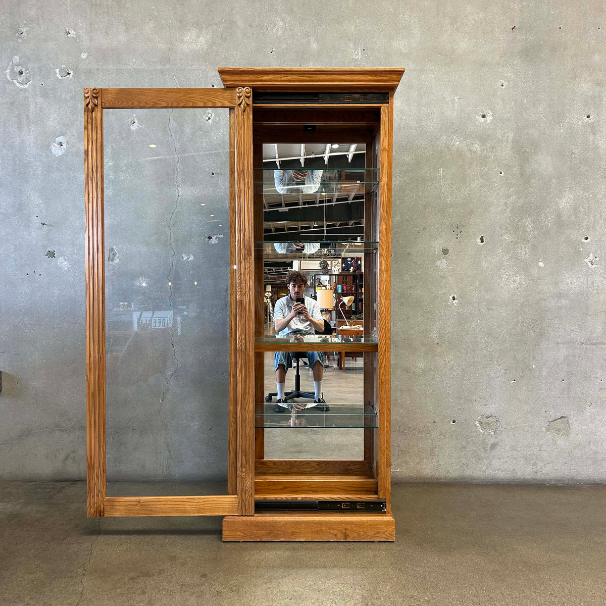 Oak Sliding Door Display Case w/ 4 Adjustable Glass Shelves