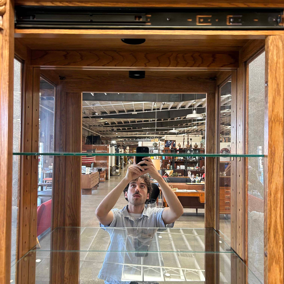Oak Sliding Door Display Case w/ 4 Adjustable Glass Shelves