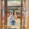 Oak Sliding Door Display Case w/ 4 Adjustable Glass Shelves