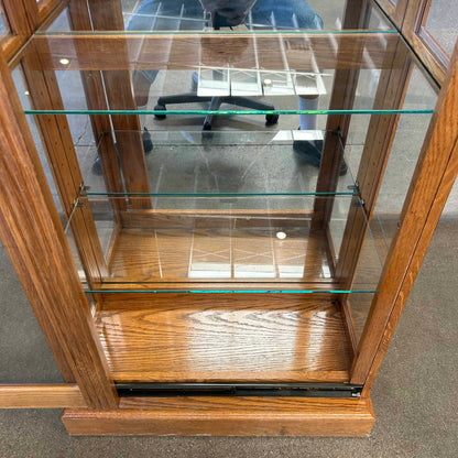 Oak Sliding Door Display Case w/ 4 Adjustable Glass Shelves