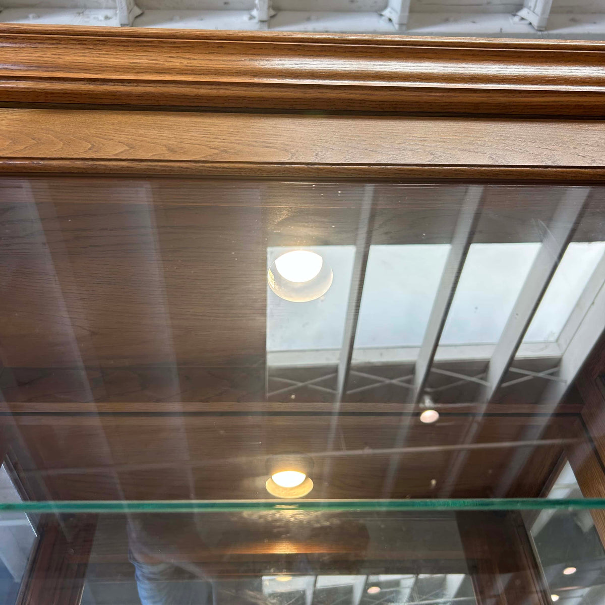 Oak Sliding Door Display Case w/ 4 Adjustable Glass Shelves