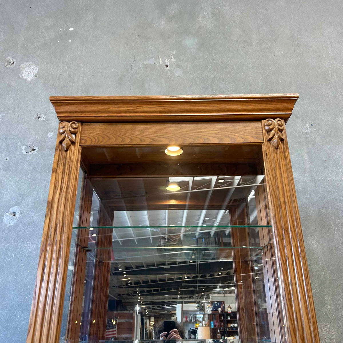 Oak Sliding Door Display Case w/ 4 Adjustable Glass Shelves