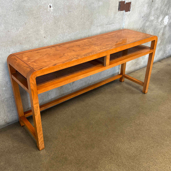 1982 Oak Mid Century Modern Style Console w/ Cane Shelf